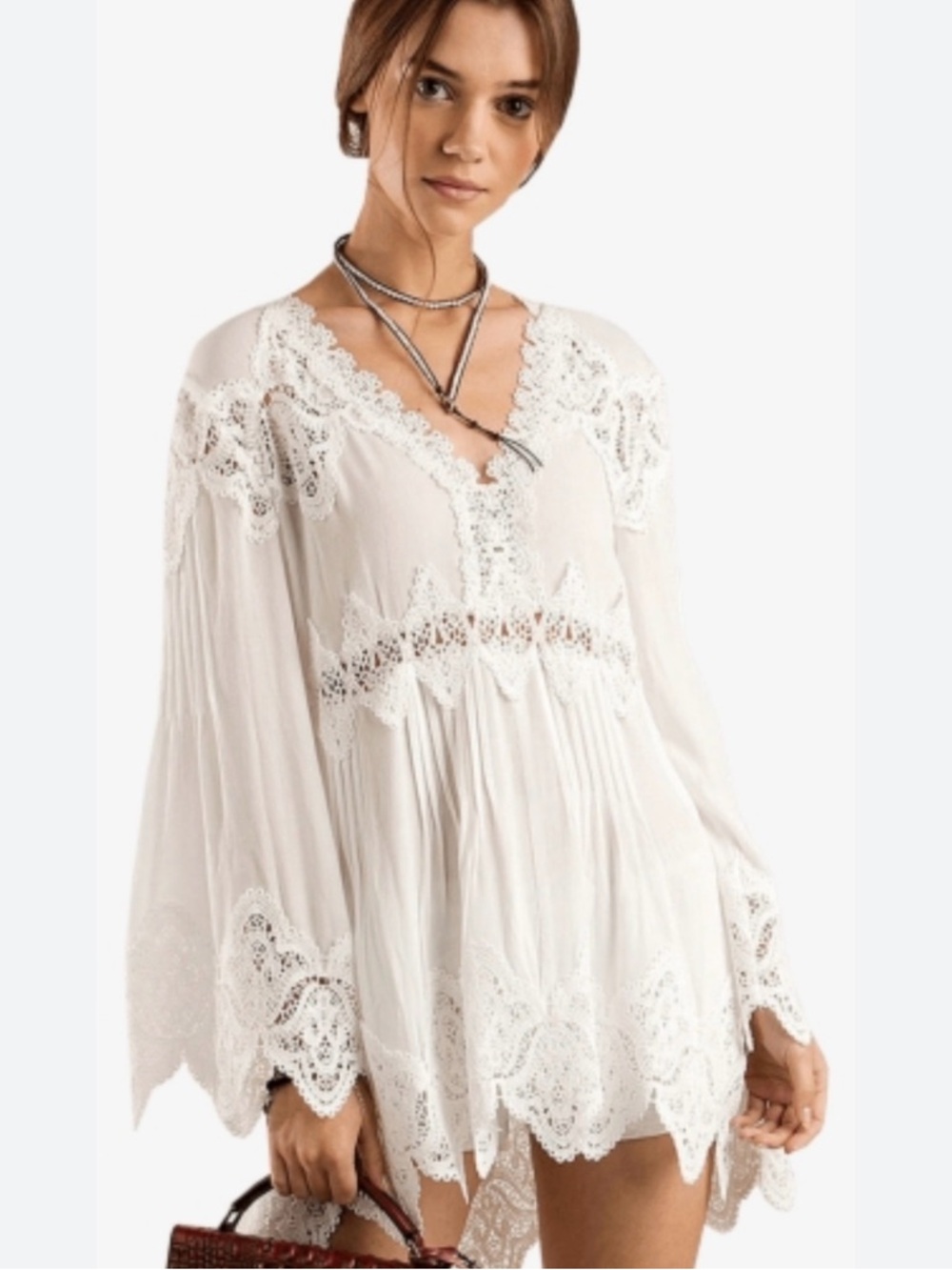 Lisa Robertson Ivory V-Neck Crochet Lace Long Bell Sleeve Tunic Top Size Small